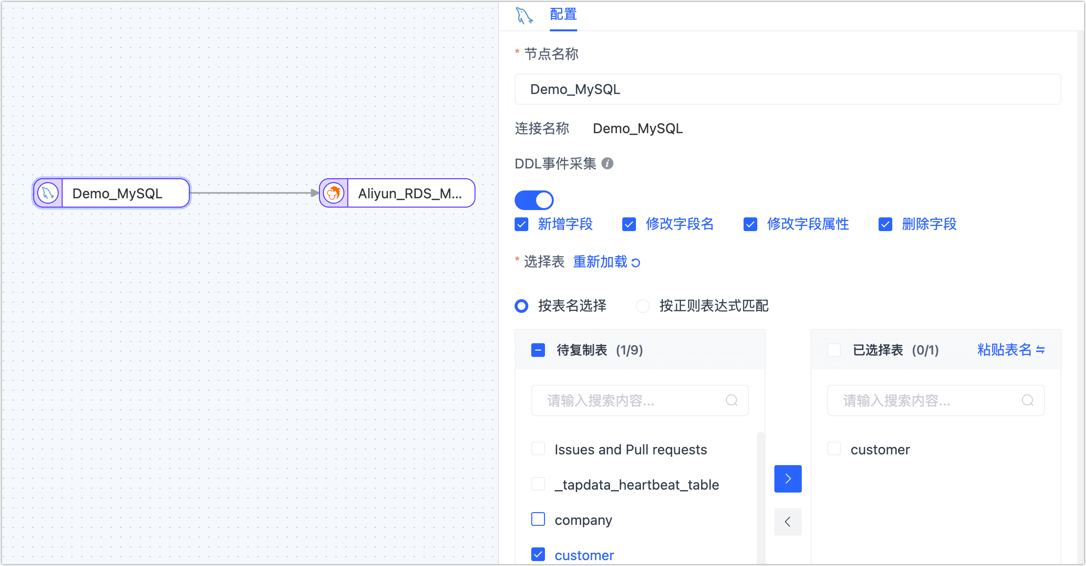 选择要同步的表